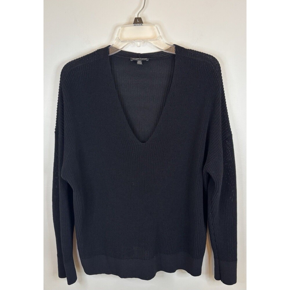 EILEEN FISHER Black Organic Cotton Lightweight V-Neck Sweater Large Open Knit